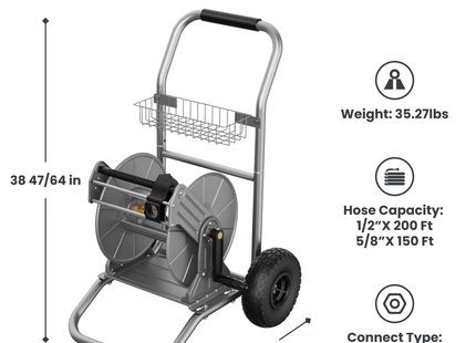 Garden Hose Reel Cart-2 Wheels-Stainless Steel-Heavy Duty