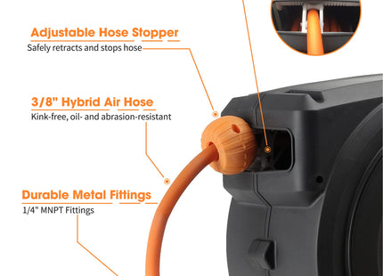 Retractable Air Hose Reel-PP Housing-3/8in-50ft