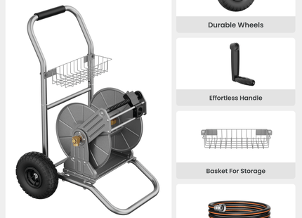 Garden Hose Reel Cart-2 Wheels-Stainless Steel-Heavy Duty