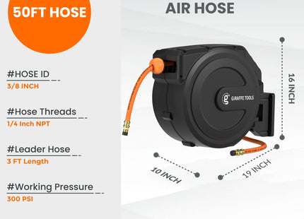 Retractable Air Hose Reel-PP Housing-3/8in-50ft