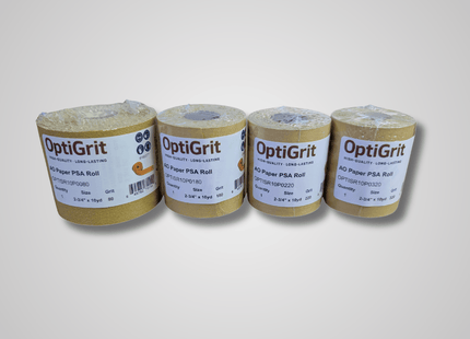 Four rolls of OptiGrit paper PSA roll on a gray background
