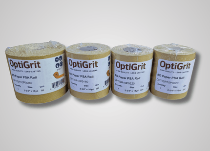 Four rolls of OptiGrit paper PSA roll on a gray background