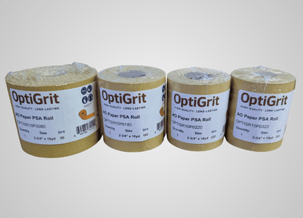 Four rolls of OptiGrit paper PSA roll on a gray background