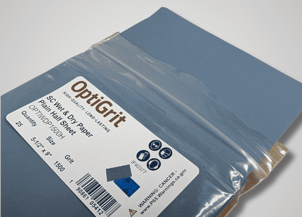Packaged OptiGrit sandpaper sheet on a white background
