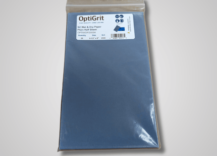 Packaged OptiGrit sandpaper on a gray background