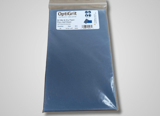 Packaged OptiGrit sandpaper on a gray background